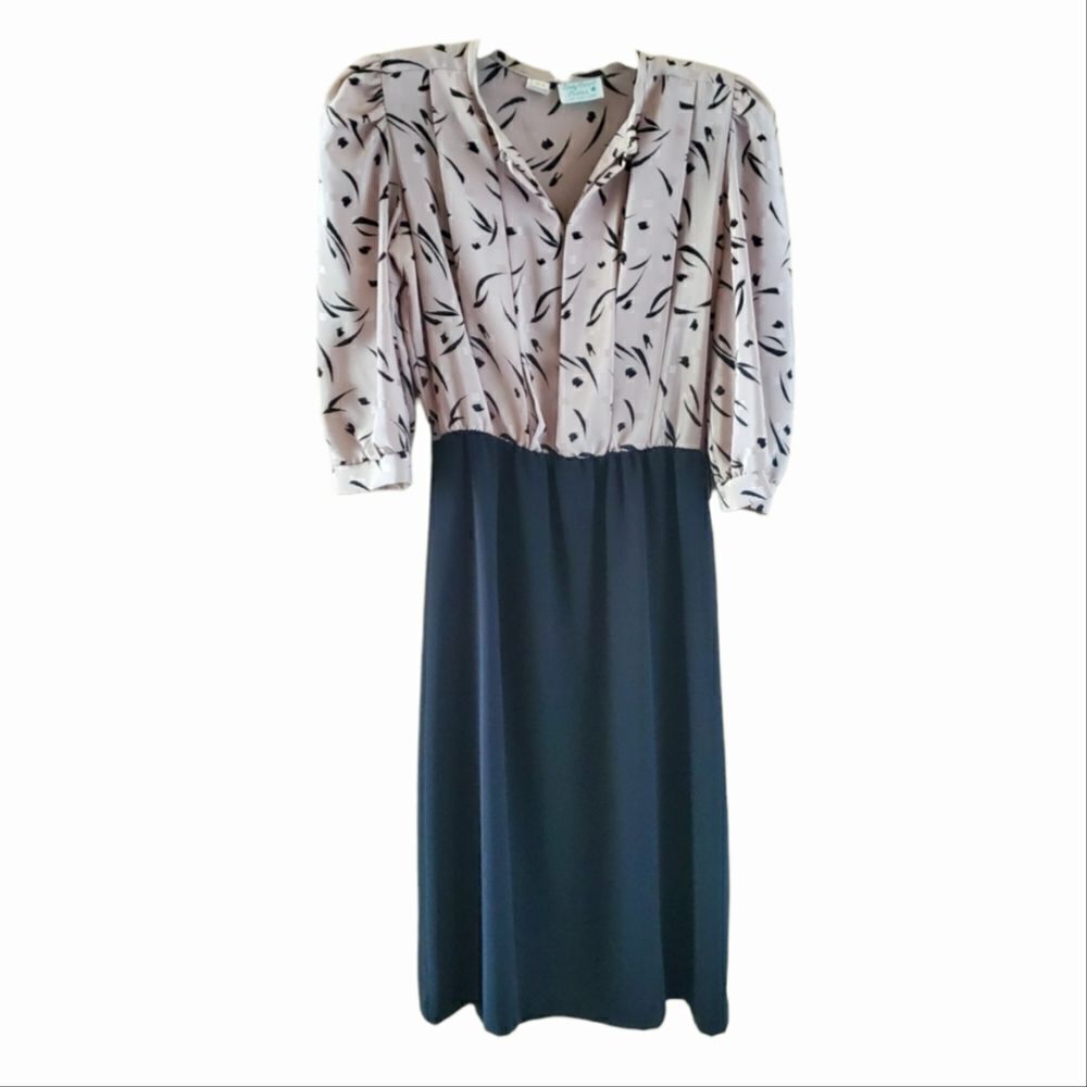 Geometric Taupe Black Midi Pleated Granny Core Dress Dark Academia Secretarial
